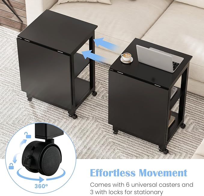 Tangkula Folding Computer Desk Modern Writing Table w/ 2-Tier Storage Shelves PC Laptop Study Table Workstation w/ 6 Wheels Space Saving Compact Home Office Desk for Small Apartment (Black)