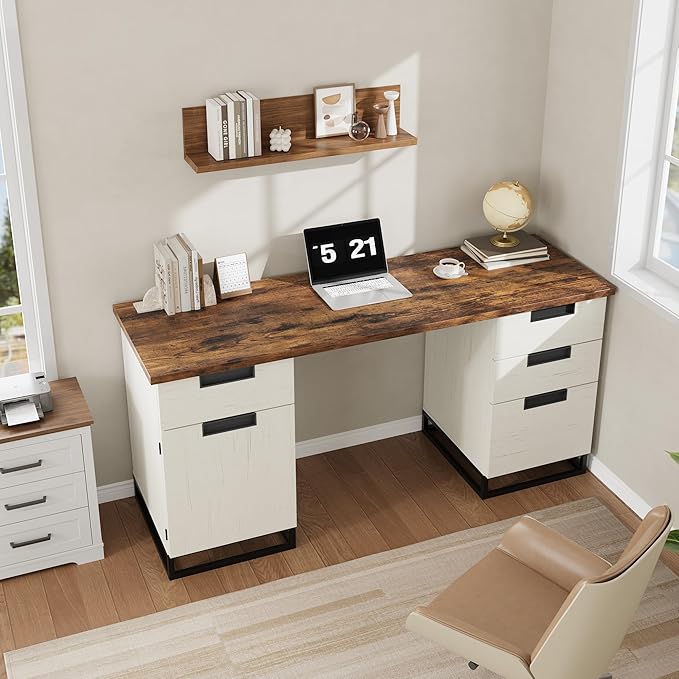 GarveeHome Farmhouse Executive Desk White Home Office Desk with File Drawer and Storage Cabinet 59 Computer Desks Wood Writing Desks for Bedroom Home Office White+Vintage/Black