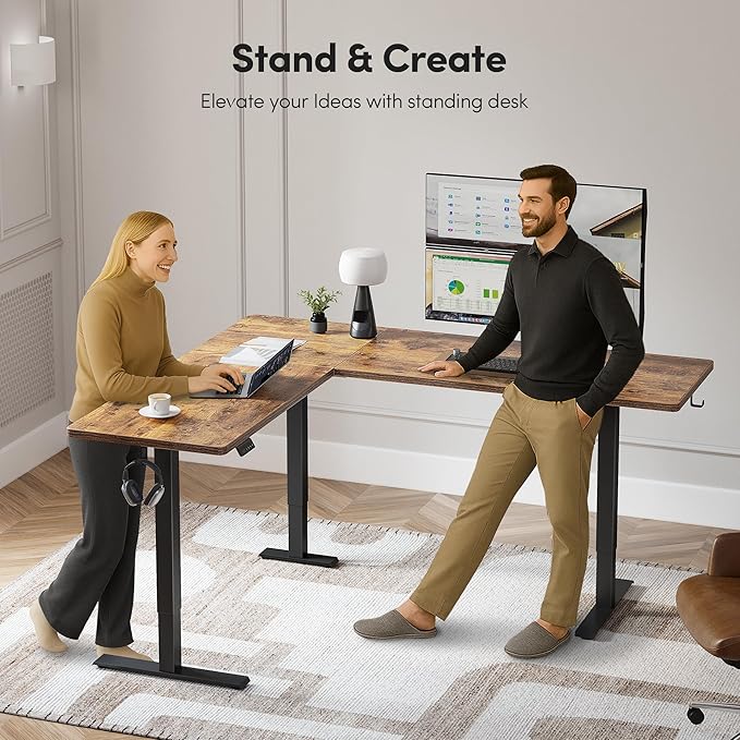 CubiCubi L Shaped Standing Desk 75 x 63 Inch Adjustable Height Electric Corner Desk Sit Stand Home Office Desk with Splice Board Rustic Brown（2 Packages