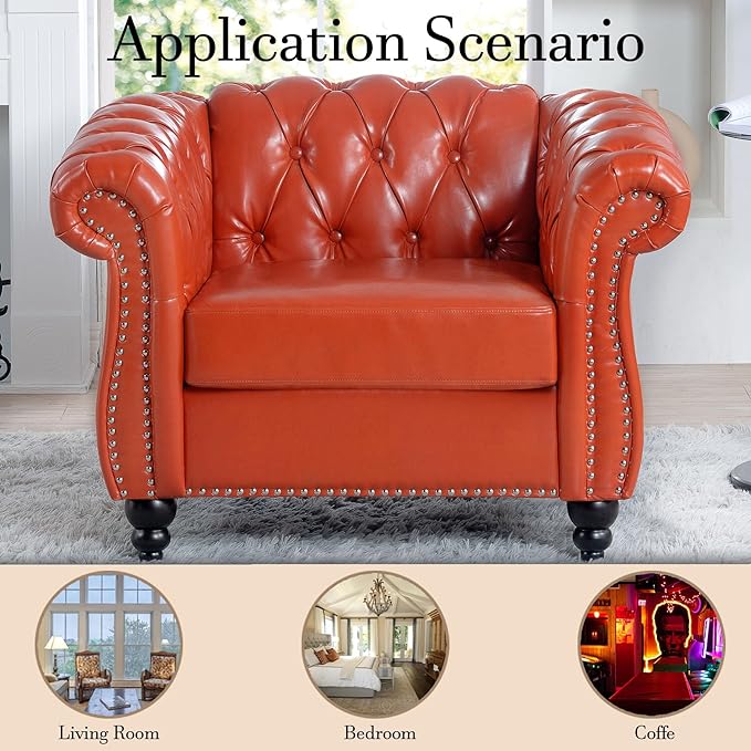 Oversized Chesterfield Chair PU Leather Accent Chair with Tufted Back Club Chair for Living Room Bedroom Gothic Victorian (Orange)