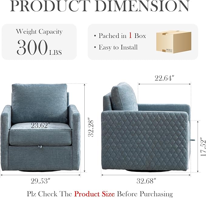 Aoiy &amp Wifon 29.5''W Swivel Accent Chair Comfy Modern Square Arm Chair with Hidden Storage for Living Room/Bedroom/Office Chenille Blue