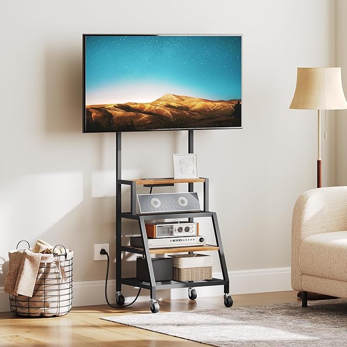 Rolling TV Stand with Mount Corner TV Console with Wheels Up to 55 Inches Entertainment Center with Storage Small TV Stand with Power Outlet for Living Room Rustic Brown TVHR117E01