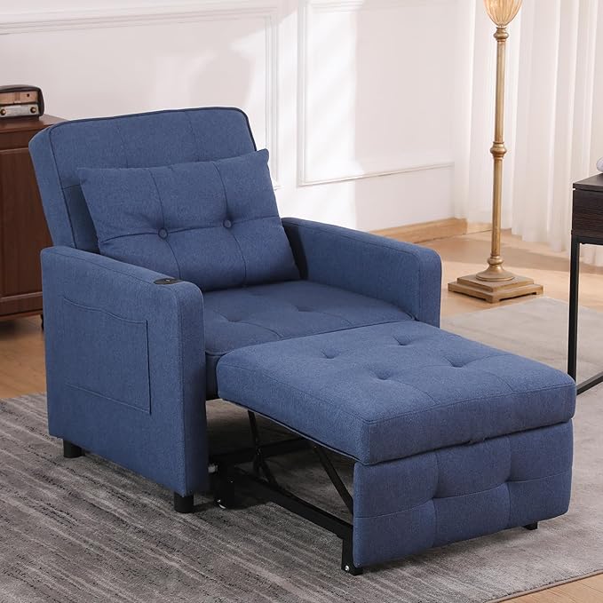 3-in-1 Convertible Sleeper Chair Pull-Out Chair Sleeper with USB Ports and Side Pocket Adult Chair Beds Adjustable Sofa Bed Chairs for Living Rooms and Small Spaces Navy Blue