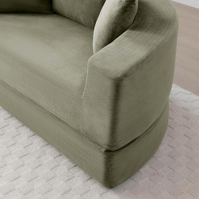 67-inch Convertible Futon Sofa Bed Round Folding Comfy Corduroy Upholstered Couch Bed with 3 Pillows Boneless Floor Lazy Loveseat Sofa for Living Room Apartment Small Spaces Pinstripe Green