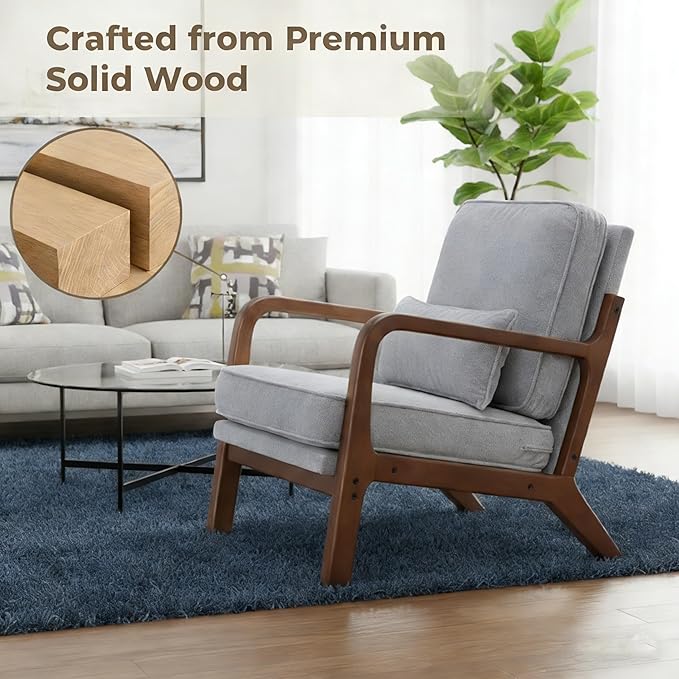 Simple Deluxe Mid-Century Modern Wood Accent Chair &amp Cozy Reading Chair Upholstered Living Room Chair with Waist Cushion Solid Wood Chair with Pillow for Bedroom Grey