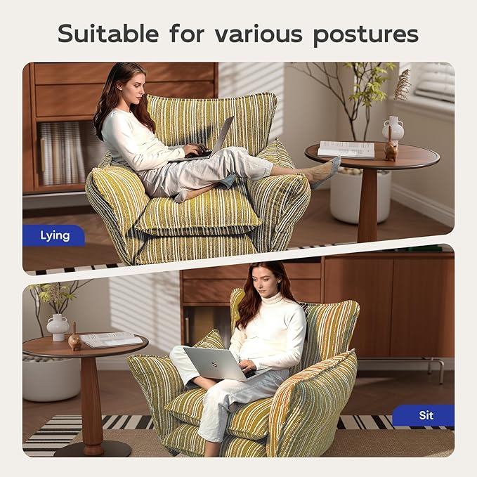 Oversized Chenille Accent Chair with Lumbar Pillow Yellow Stripe Wide Armrests Deep Seat 7 Inch High-Density Foam 350 lbs Capacity