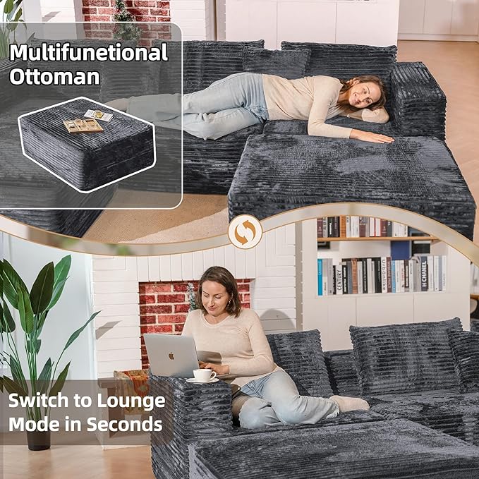 110 Modular Sectional Boneless Sofa with 2 Ottomans Corduroy U-Shaped Modular Sectional Sofa Convertible Cloud Couch with Deep Seats No Assembly Required (Grey 110 3Seat+2 0ttoman)