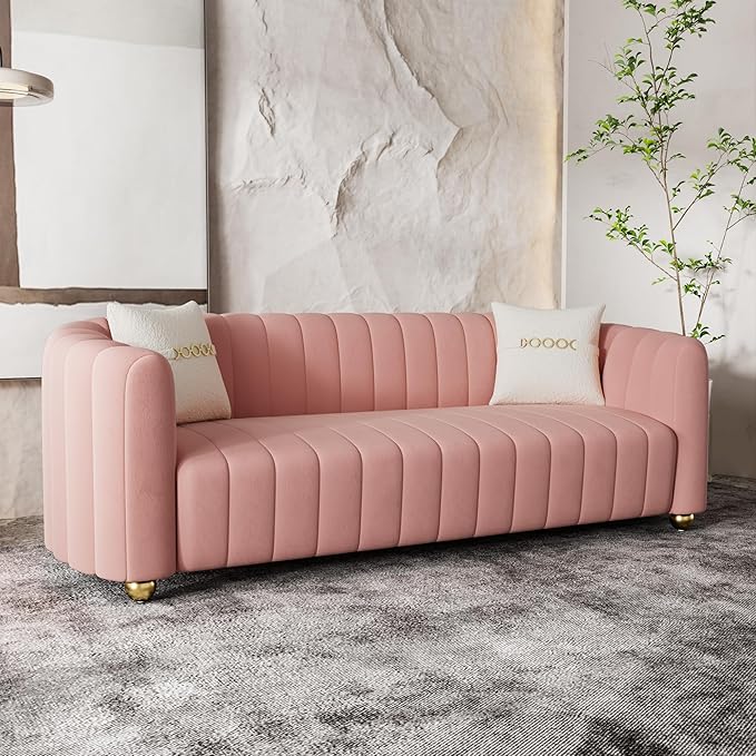Luxury Velvet Sofa for Living Room 84 Mid-Century Modern Couch 3 Seater Sofa with Gold Legs &amp 2 Pillows Sectional 3 Seater Couch Upholstered Sofa for Living Room Home Office Apartment Pink