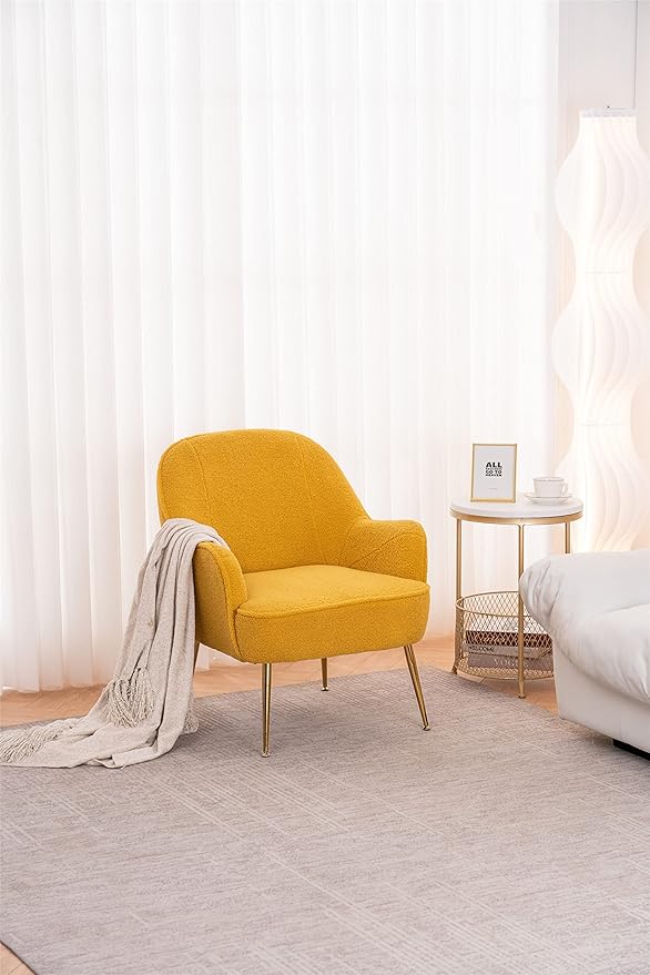 Modern Soft Green Teddy Fabric White Ergonomics Accent Chair Living Room Chair Bedroom Chair Home Chair with Gold Legs and Adjustable Legs Family Room Sofa Armchair Furniture for Indoor Home (Yellow)