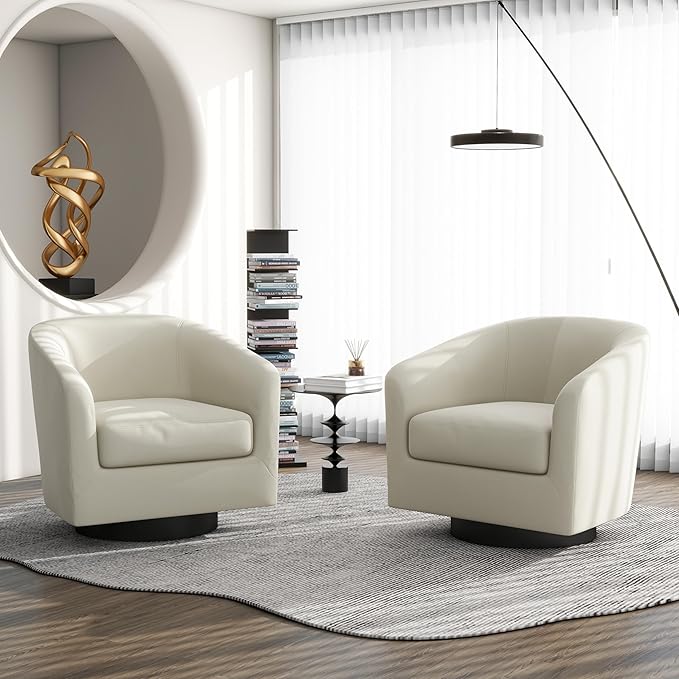Swivel Barrel Accent Chair Modern Round Linen Arm Chair for Living Room Bedroom Comfy Club Reading Chairs for Adults（Linen Fabric Beige Set of 2