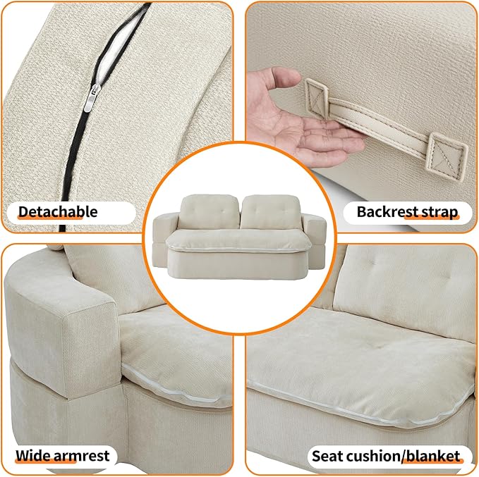 JustYes 78.7'' Convertible Boneless Couch Bed - Pull-Out Lazy Lounge Sleeper Sofa Memory Foam Folding Futon for Living Room Bedroom Dorm &amp Office Beige