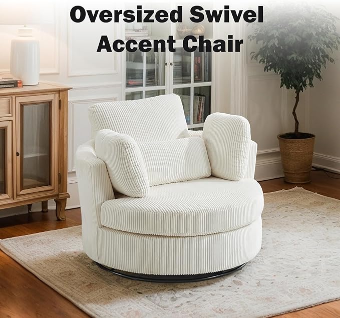 Chifee &amp Vingol 42 Oversized Swivel Accent Chair Round Barrel ChairCorduroyIvory