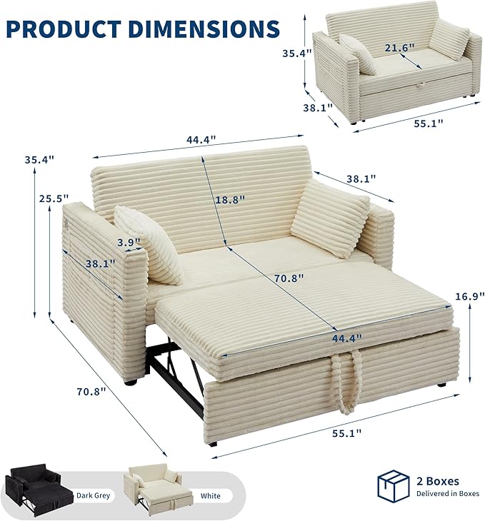 Loveseat Sleeper Sofa Bed 55'' Pull Out Couch with Adjustable Backrest Charging Station and Side Pockets Corduroy Couches for Living Room Bedroom and Apartment White