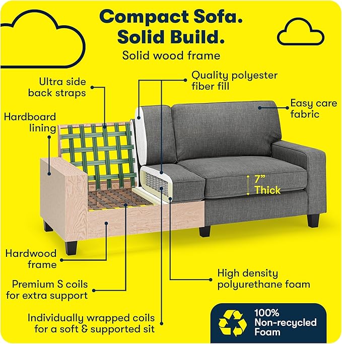 Serta Palisades 78 Track Arm Sofa Easy Care Polyester Soft Pillow Back Pocket Coil Seat Cushions Removable Covers Loveseat or Couch for Small Spaces Living Rooms or Bedrooms Gray