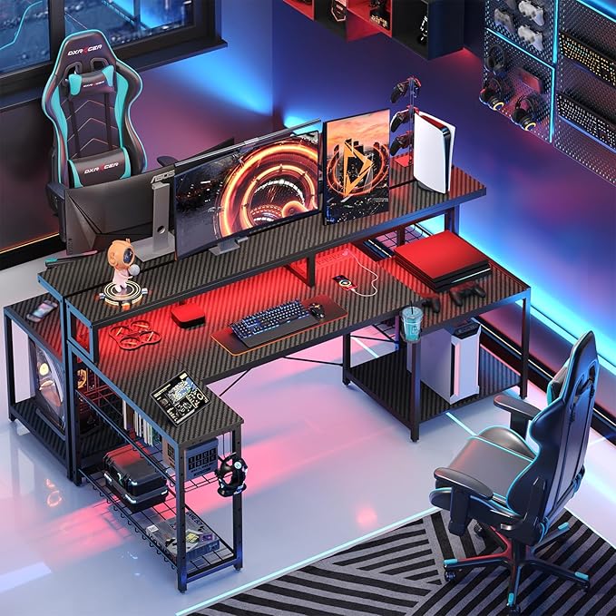Bestier LED Gaming Desk with Power Outlets 71 inch L Shaped Computer Desk with Monitor Stand Large Desk with Printer Stand Adjustable Shelf Cup Holder &amp Hooks Home Office Desk Black