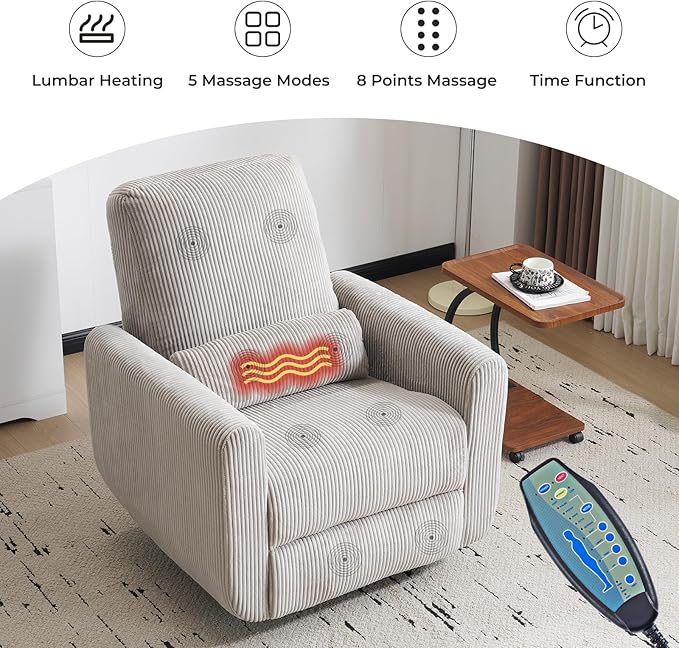 360° Swivel Glider Recliner Chair Oversized Rocker Recliner with Heating and Massage Glider Chair for Nursery with Pillow24 Extra Wide Rocking Chair for Living Room Corduroy Grey