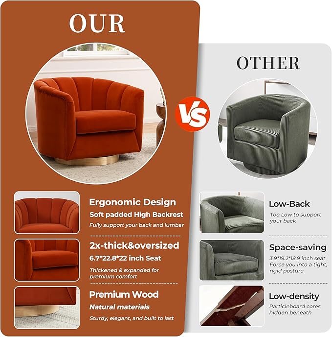 SITJOY Swivel Accent Chair Mid Century Modern Barrel Armchair with Solid Ash Wood Base Upholstered Chair for Living Room Bedroom Velvet Fabric in Burnt Orange