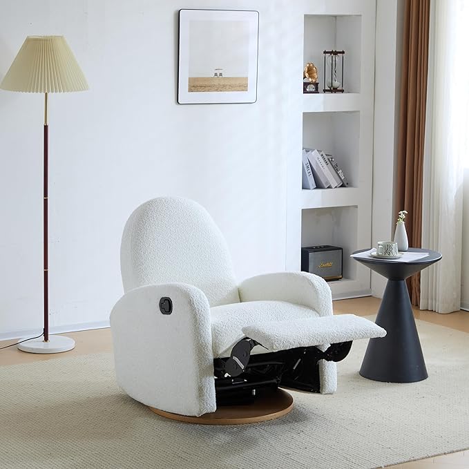 Christopher Knight Home Sidney Boucle Fabric Upholstered 360° Swivel Chair Push-Back Recliner Solid Wood Glider Recliner with Rotation Living Room Lounge Chair Adjustable Backrest Milky White
