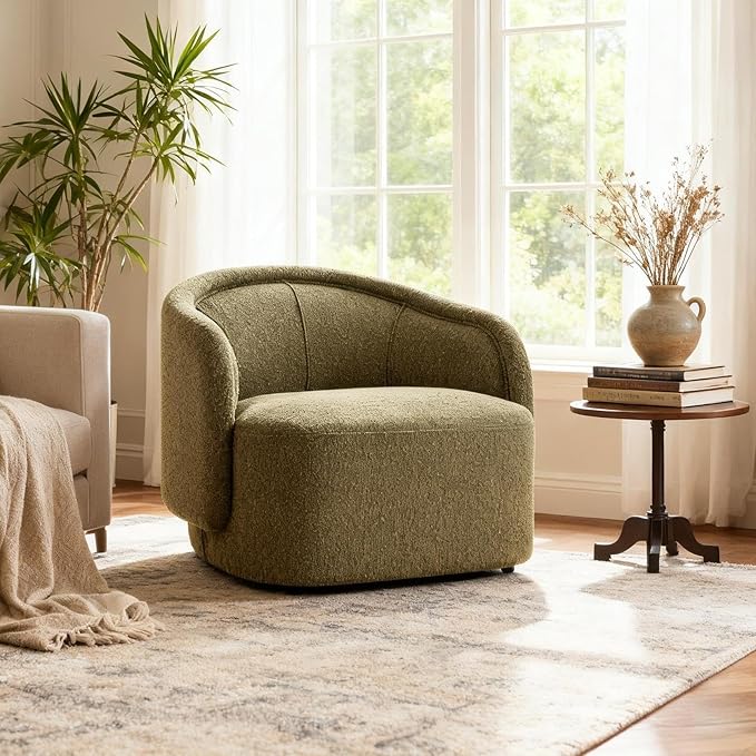 Christopher Knight Home Amanda Low Profile Accent Chair Fabric Round Back Chair Boucle Upholstered Living Room Armchair Comfy Reading Chair for Bedroom Wooden Single Lounge Sofa Dark Green