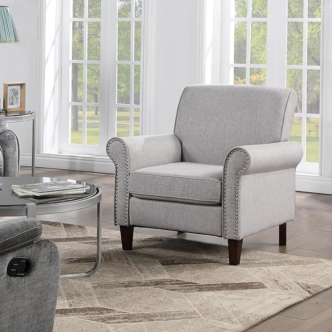 Prilinex Upholstered Living Room Chair - Large Comfy Fabric Accent Chair Single Sofa with Cushion Rolled Armrest &amp Nailhead Trim Mid Century Modern Armchair for Bedroom Office Grey