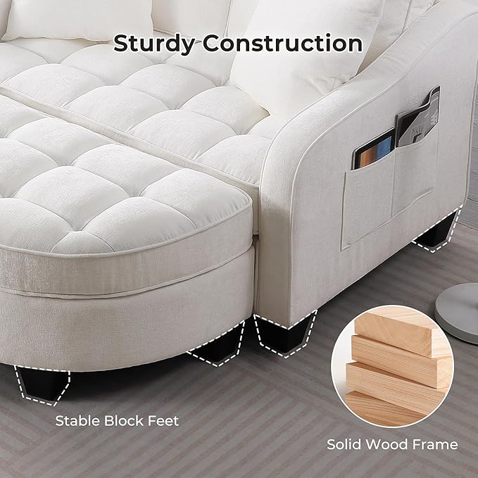 DEINPPA Oversized Accent Sofa Chair with Storage Ottoman Chenille Upholstered Comfy Chair with Throw Pillows for Living Room Reading Room Bedroom-Beige