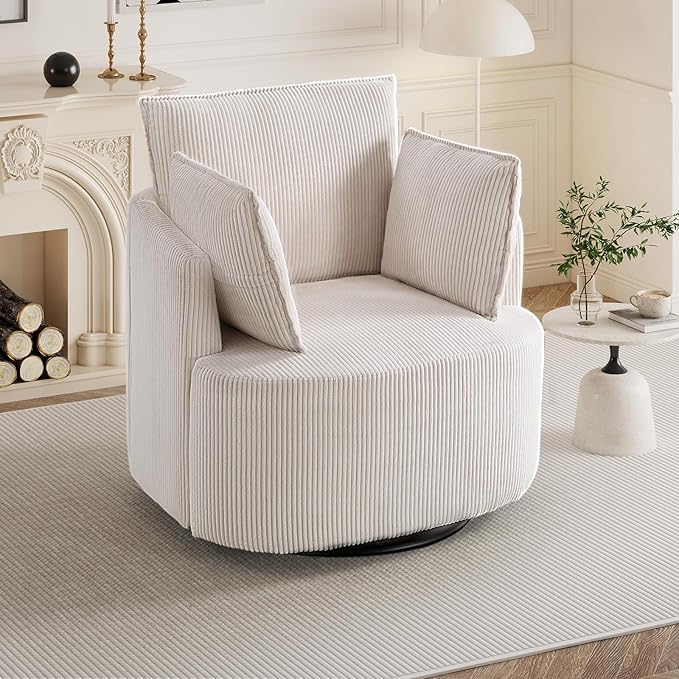 Bonzy Home 360° Swivel Accent Chair Comfy Corduroy Swivel Barrel Chair with 2 Soft Pillows Single Sofa for Living Room Bedroom Beige