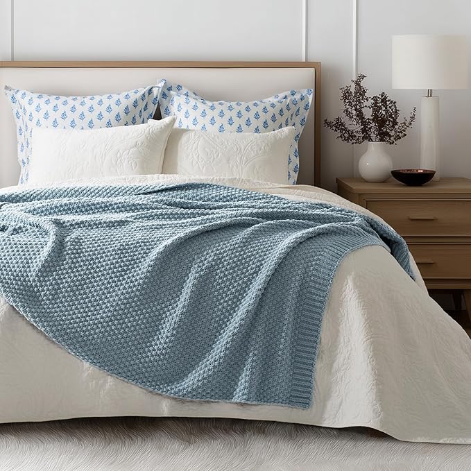 EVERGRACEHOME Chunky Chenille Knit Throw Blanket for Couch Soft Luxurious Moss Stitch Blankets for Bed Cozy Decorative Farmhouse Knitted Throws for Sofa Chambray Blue 60 x 80