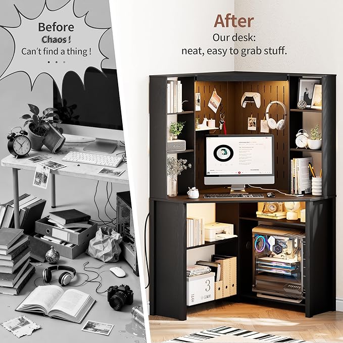 HNEBC Home Office Desk with Power Outlet &amp Chariging StationL-Shaped Corner Desk with Pull-Out LED LightsComputer Desk with Hutch &amp 10 ShelvesPegboards for Work &amp StudyBlack