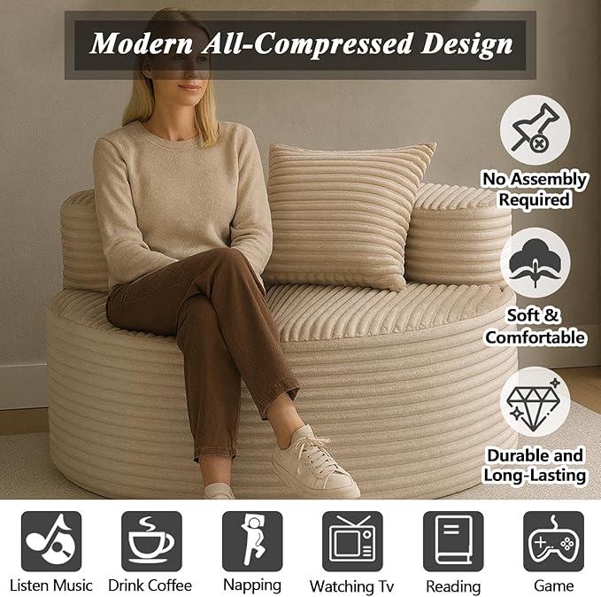 45 Oversized Round Chair Boneless Reading Chair with Comfy Pillow for Living Room Circle Cloud Chair for AdultsCorduroy Memory Foam Large Seat No Assembly Required (Beige)