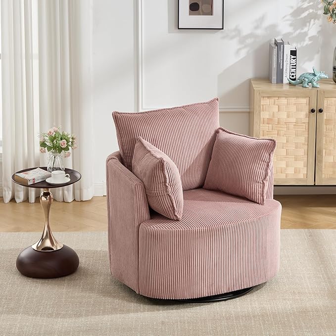 360° Swivel Accent Armchair Chair Pink Swivel Round Barrel Chair with 2 Pillows Upholstered Corduroy Accent Chairs for Living Room Bedroom Reading