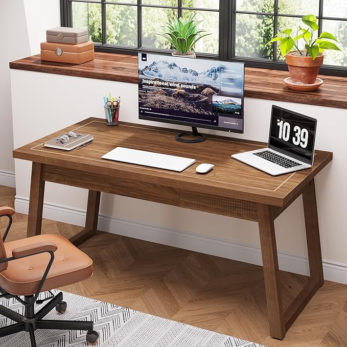 Tribesigns Home Office Executive Desk: 55 Inches Wooden Computer Desk with Drawer Mid-Century Modern Study Writing Table Rustic PC Laptop Desk Workstation Furniture Walnut Brown