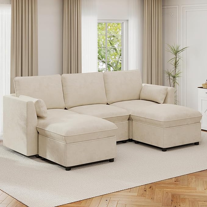 Furnimart 82.6 Modular Sectional Sofa with Full Seat Storage U-Shaped 3-Seater Deep Seat Couch with Chenille Fabric Sectional with 2 Movable Ottomans for Living Room Beige