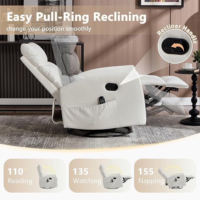 cinkehome Swivel Rocker Recliner Chair Upholstered Nursery Glider Recliner Chair with Heated Massage High Back Side Pocket (White PU Leather)