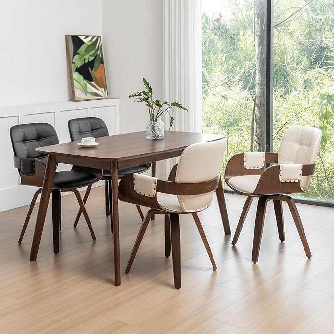 Set of 2 Swivel Dining Chairs - Mid Century Modern Dining Chairs with Arms and Curved Back Faux Leather Bentwood Versatile for Living Room/Reception/Conference Room/Kitchen/Desk (Walnut Beige)