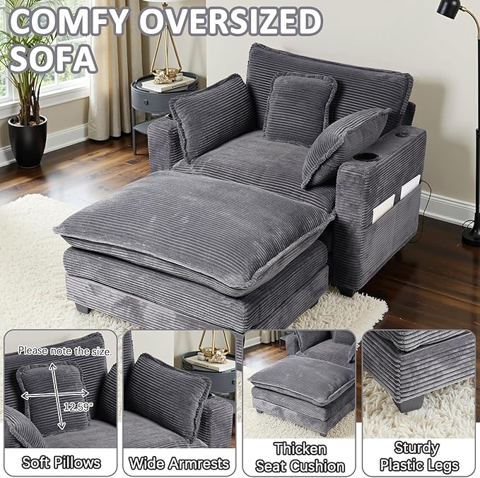 Oversized Chair with OttomanOversize Chaise LoungeReading Boneless Sofa BedChaise Lounge Chair Indoor with Side PocketSleeper Couch with USB&ampCup HolderCorduroy Sofa Couch for Living Room (Gre