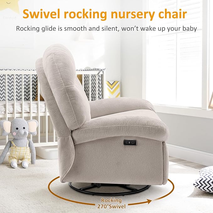 VANOMi Power Recliner Chair with Charging 270° Swivel Glider Rocker Electric Nursery Recliner for Living Room Bedroom and Office Camel Set of 2