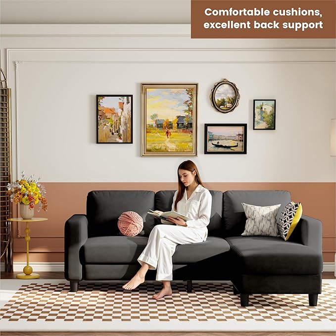 73 Small Sectional Sofa with Reversible Chaise Linen Fabric L-Shaped Couch with Solid Oak &amp Iron FrameHigh-density Sponge Spring Seat CushionRemovable Sofa Cover Compact Apartments and Studios