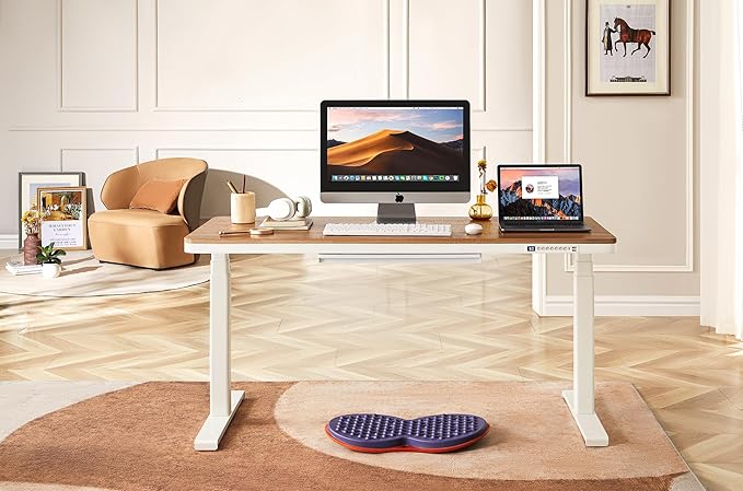 KINGSMITH 55x24 Inches Whole Piece Electric Standing Desk with Drawer Dual Motors Height Adjustable Stand up Desk for Home Office Ergonomic Sit to Stand Desk Computer Workstation Rustic Brown