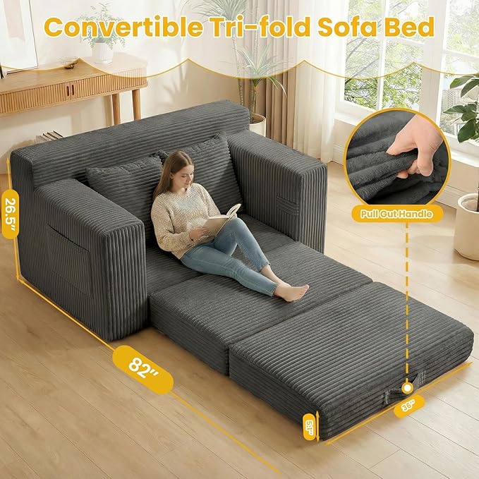Boneless Loveseat Sleeper Sofa Bed: 3-in-1 Convertible Sofa Bed with Side Pockets &amp HandlePull Out Couch with 2 PillowsFolding Futon for Small SpaceLiving Room &amp BedroomCorduroy FabricNo