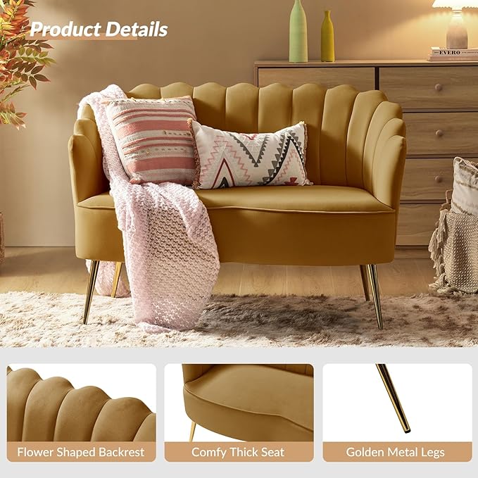 Velvet Upholstered Loveseat Sofa with Gold Metal Legs Modern Comfy Small Love Seat with Flower Shaped Back 2-Seater Sofa Accent Couch for Living Bedroom Leisure Areas Golden