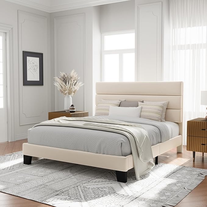Allewie Full Size Platform Bed Frame with Velvet Upholstered Headboard and Wooden Slats Support Fully Upholstered Mattress Foundation/No Box Spring Needed/Easy Assembly Cream