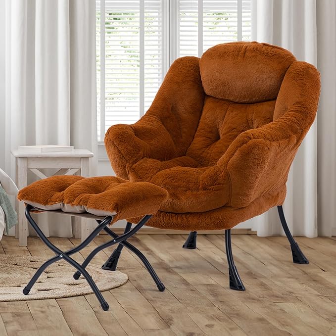 HollyHOME Lazy Chair with Foldable Ottoman Accent Comfy Lounge Armchair and Folding Footrest Stool Leisure Sofa Reading Chair and Footstool for Living Room BedroomFaux Fur Brown