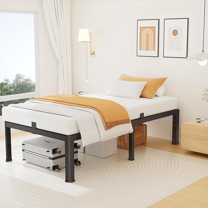 16 Inch Twin Size Metal Platform Bed Frame with Round Corners Storage Space Under High Bed Frame-Heavy Duty Steel Slats Support Noise Free - Easy Assembly - No Box Spring Needed