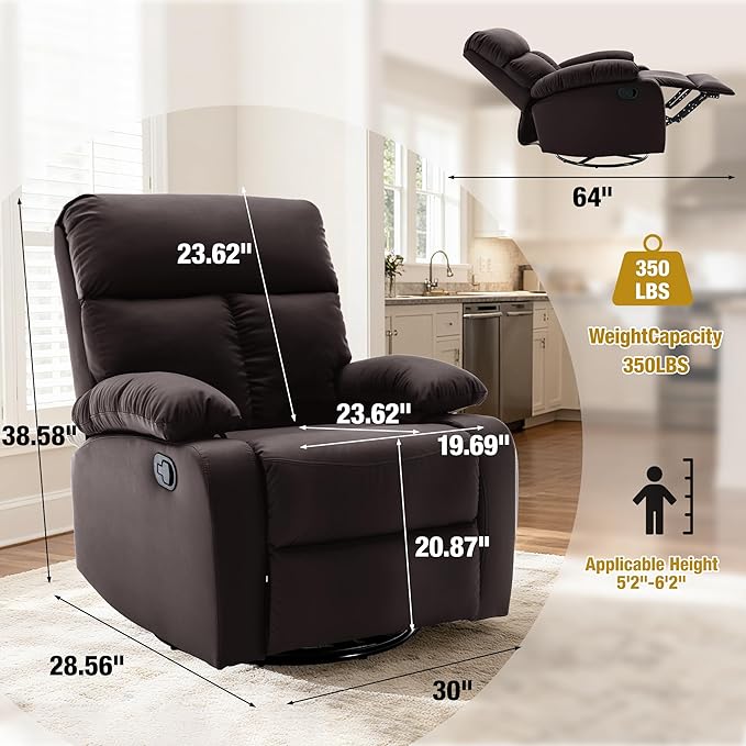 Rocking Recliner 360° Swivel Recliner Chairs for Adults Small Rocker Recliners for Small Spaces Living Room Bedroom Nursery RV Brown