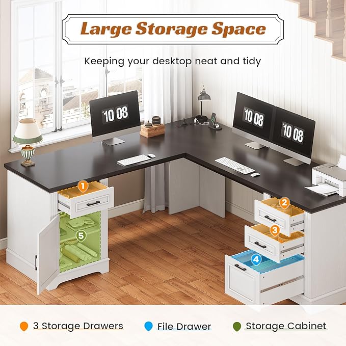 SEDETA Farmhouse 69 Executive L Shaped Desk Home Office Desk with Drawers and Storage Cabinet &amp Power Outlet Corner Computer Desk White