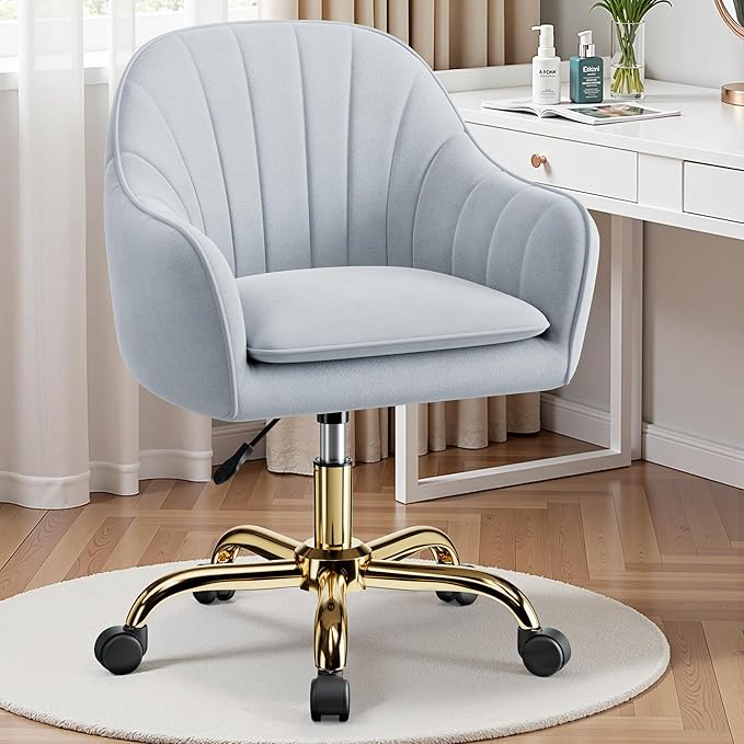 Vanity Chair with Wheels Comfy Home Office Desk Chairs Adjustable Modern Velvet Makeup Vanity Chairs for Bedroom Living Room-Gray