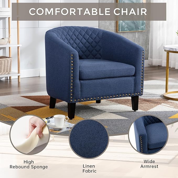 Barrel Chairs with Soft Padded Armrest Club Chairs with Nailheads and Solid Wood Legs for Living Room Bedroom Waiting Room (Linen)