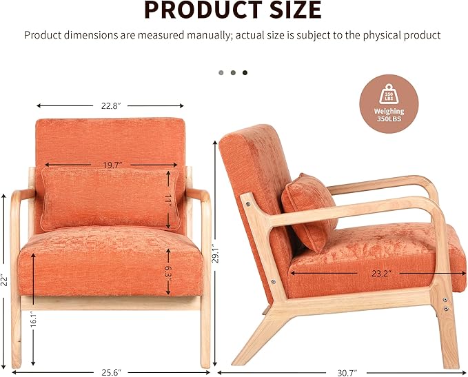 Mid Century Modern Accent ChairComfy Fabric Reading Chair with Retro Solid Wood Frame &amp High Back Upholstered Lounge Arm Side Chair for Living Room Bedroom Balcony (Linen/Orange)