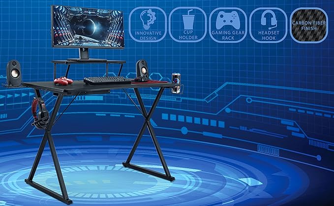 Seville Classics airLIFT Computer Writing Desk w/ Headset Cup Speaker Holders Monitor Riser Table Modern Work for Home Office Workstation Black 42 Carbon Fiber X Frame