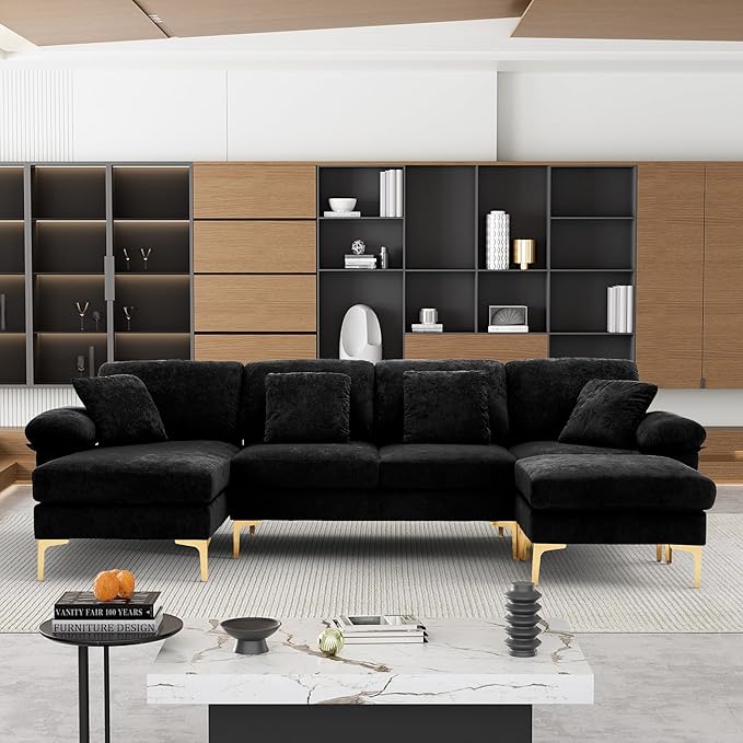 OUYESSIR U-Shaped Sectional Sofa Couch 4 Seat Sofa Set for Living Room Convertible L-Shaped Velvet Couch Set with Chaise Lounge Ottoman and Pillows114 inches (Black)